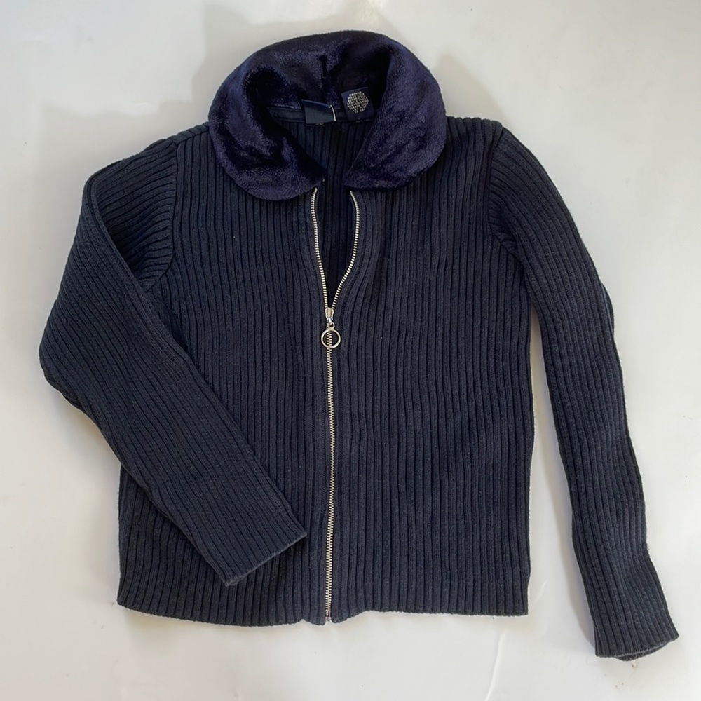 GAP childrens NAVY cotton zip up sweater faux fur trim collar size M (8-9)